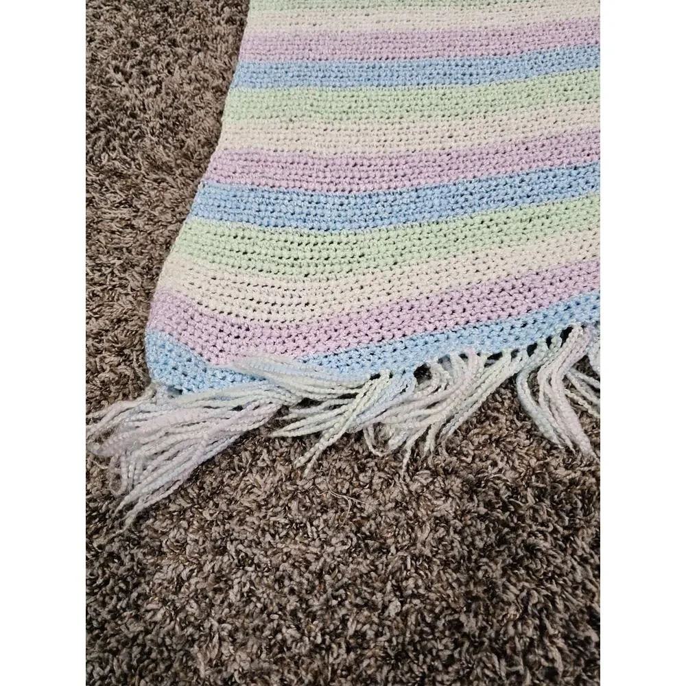 Vintage handmade crochet baby blanket Pastel Striped Fringe Hem Cottagecore